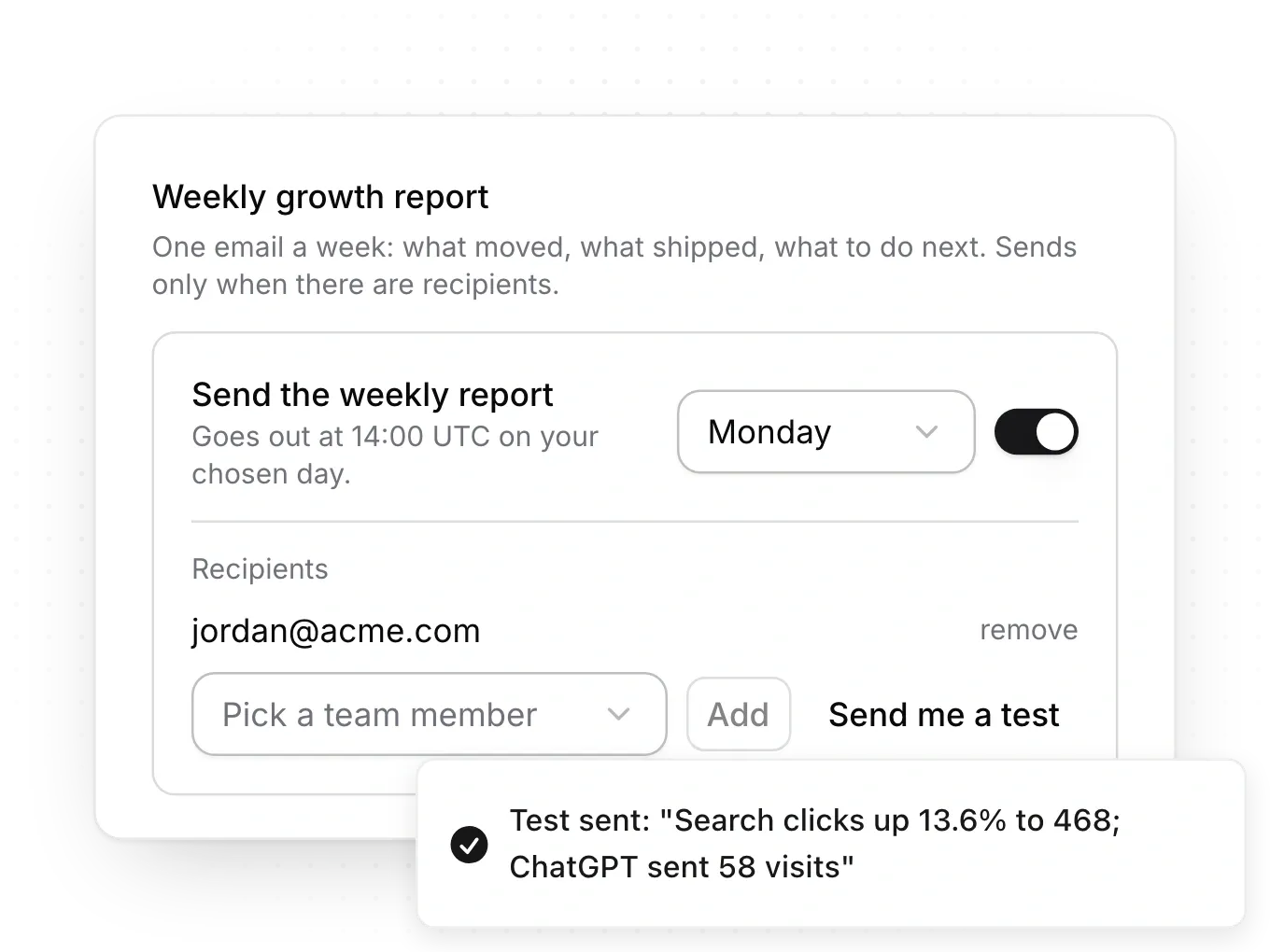 Weekly growth report settings: the report on for Monday, one recipient and the note shown after Send me a test.