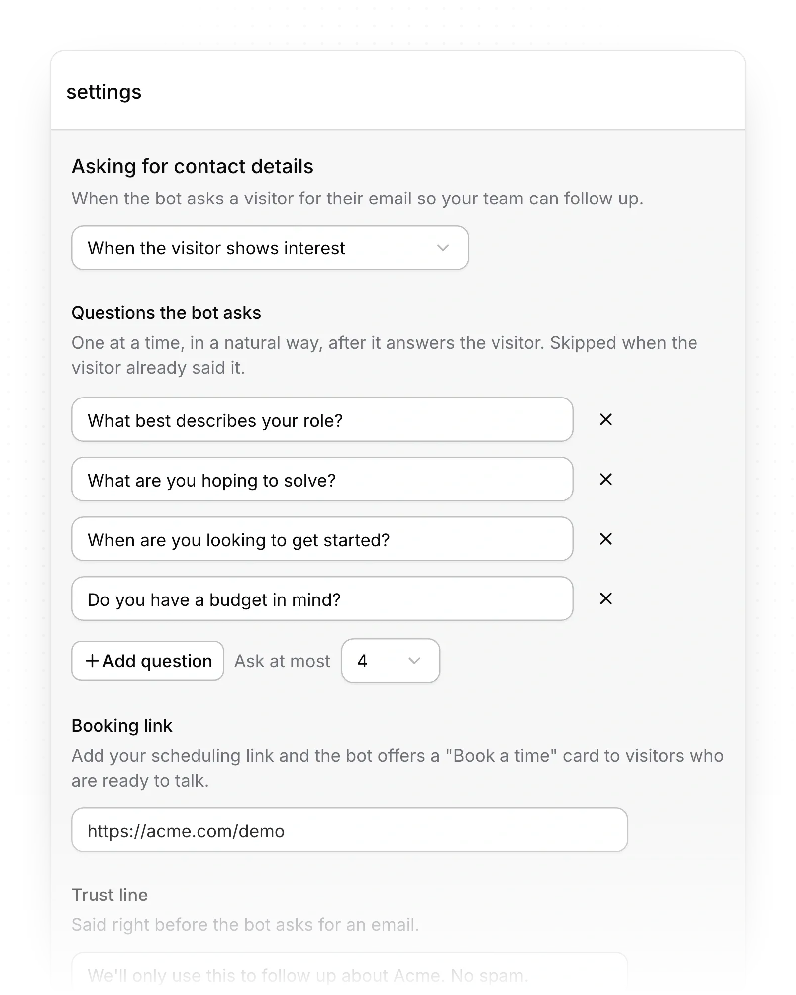 Chatbot settings with Asking for contact details, four questions the bot asks, Ask at most, a booking link and the trust line.