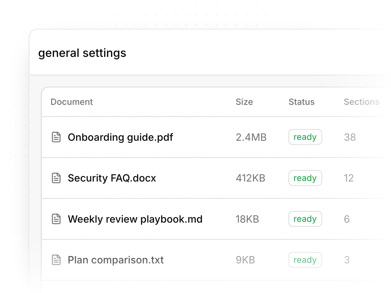 Uploaded documents under Knowledge, each with its size, a ready status and its number of sections.