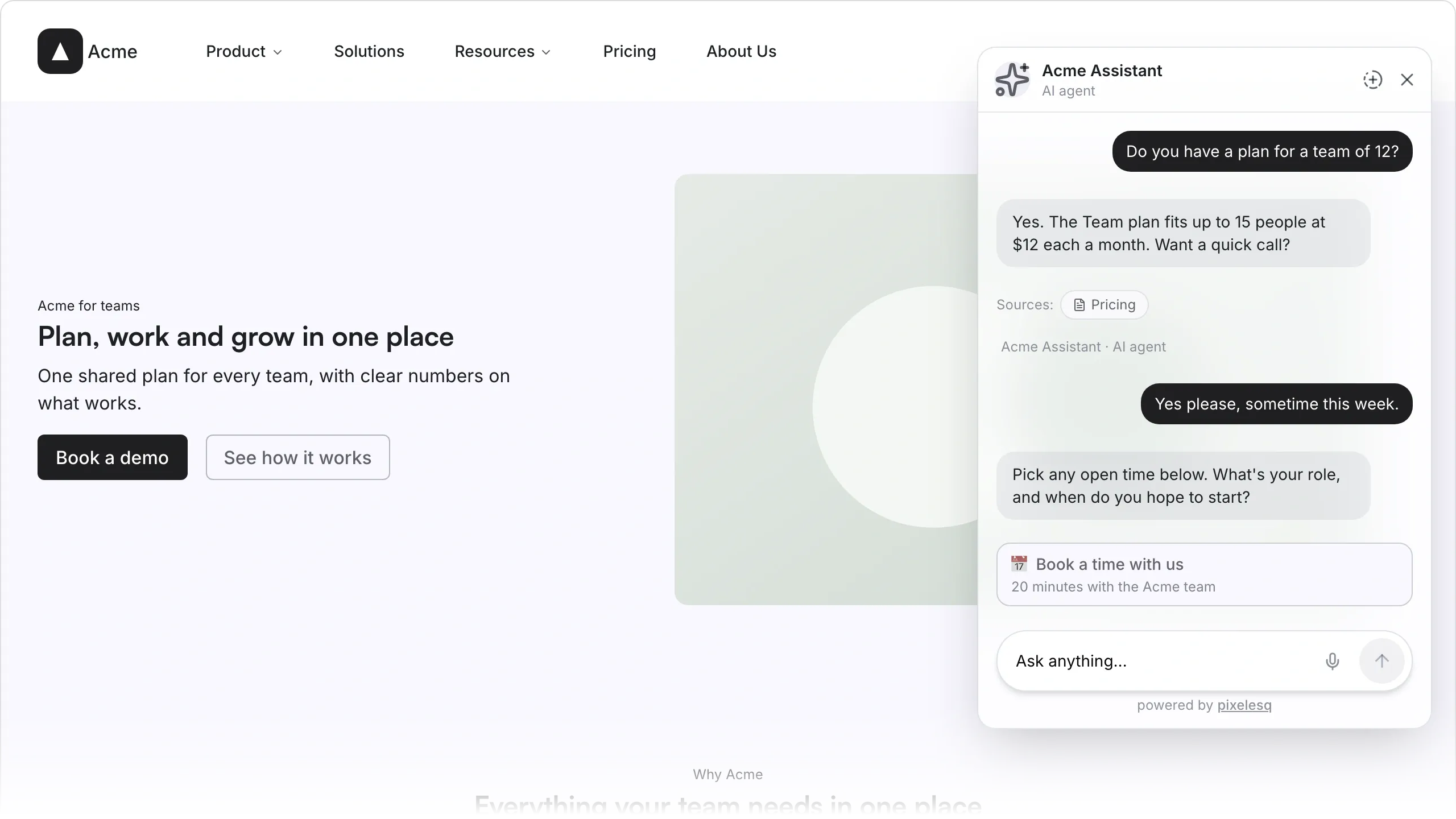 The chatbot open on a published page, answering a visitor's question about team plans.
