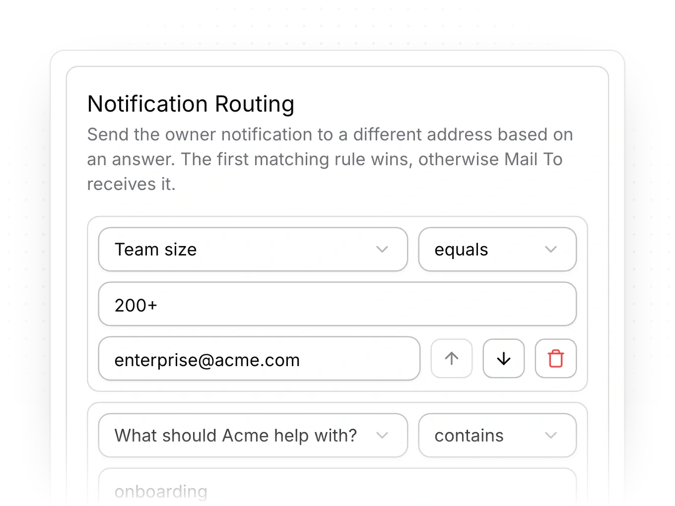 Notification Routing with a rule that sends submissions where team size equals 200+ to enterprise@acme.com.