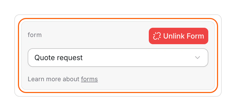 The form section's Select a form field with the Quote request form chosen.