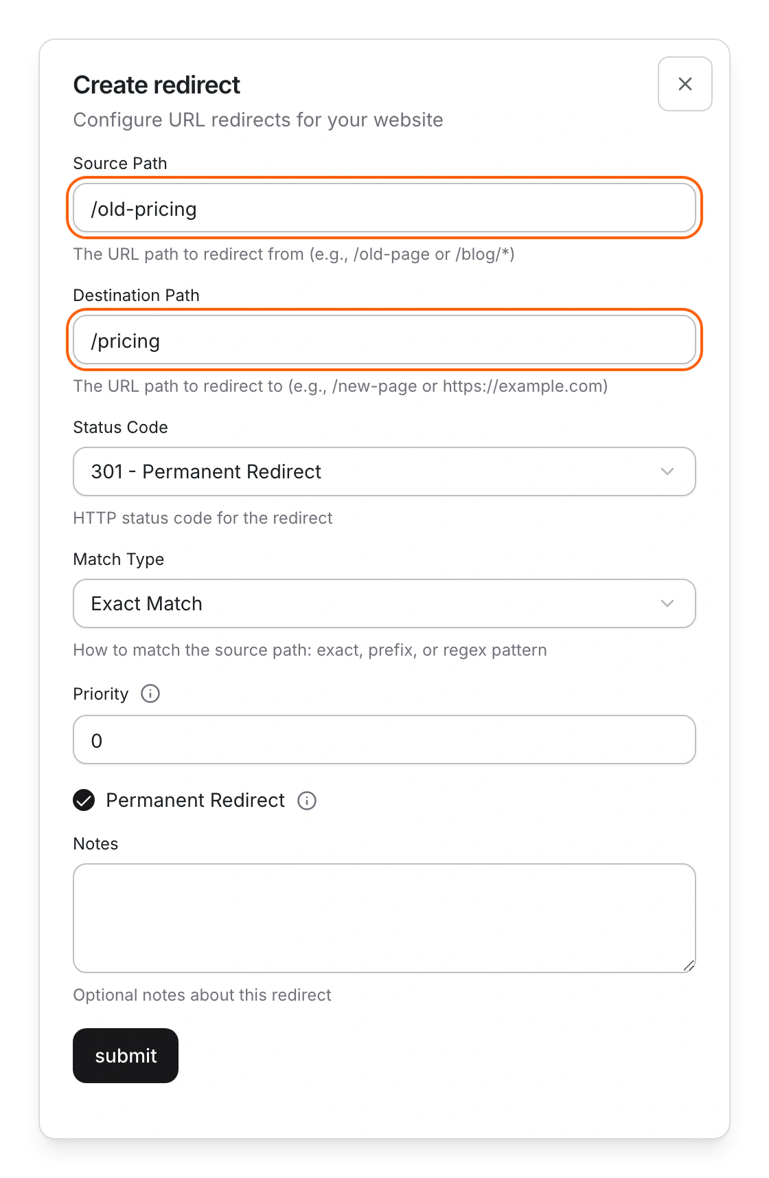 Create redirect with /old-pricing as the source path, /pricing as the destination, 301 - Permanent Redirect and Exact Match.
