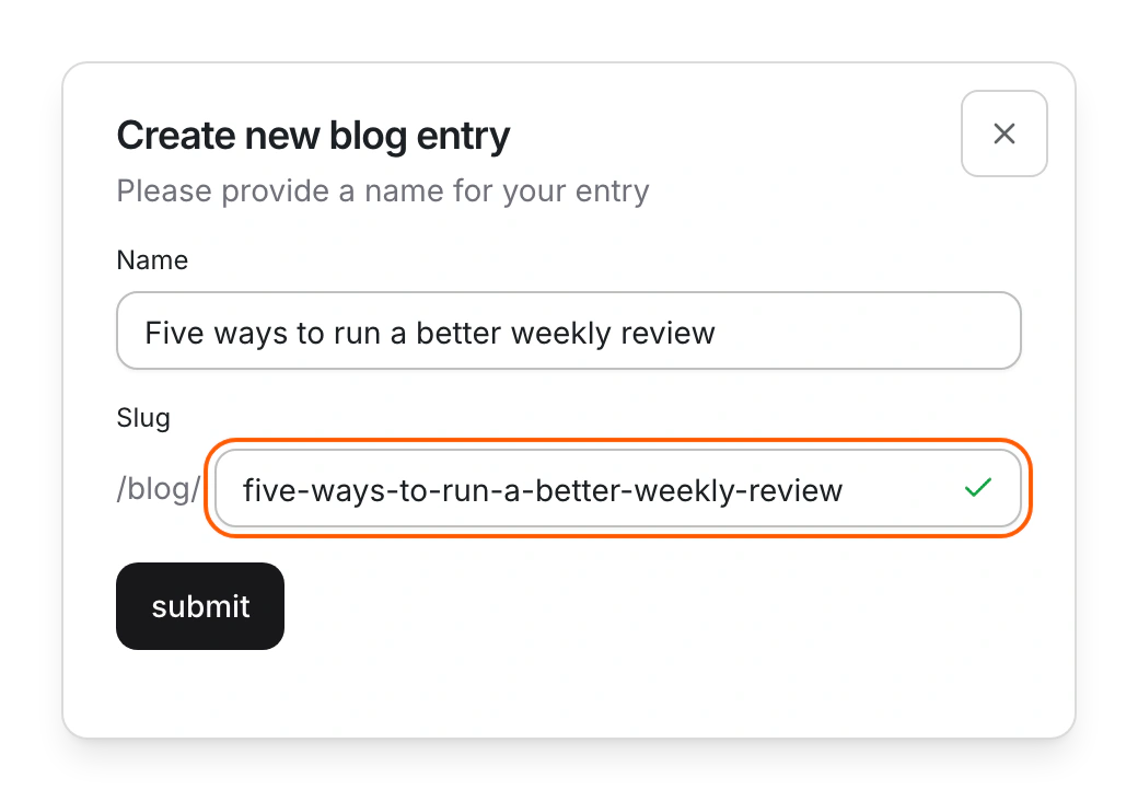 Create new blog entry with a name typed in and its slug filled in under /blog/, marked as available.