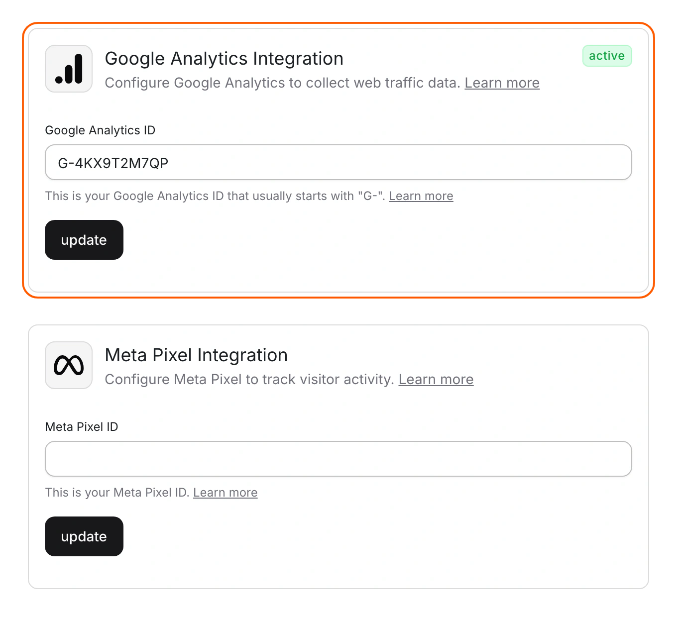 The Google Analytics card with an ID saved and marked active, above the empty Meta Pixel card.