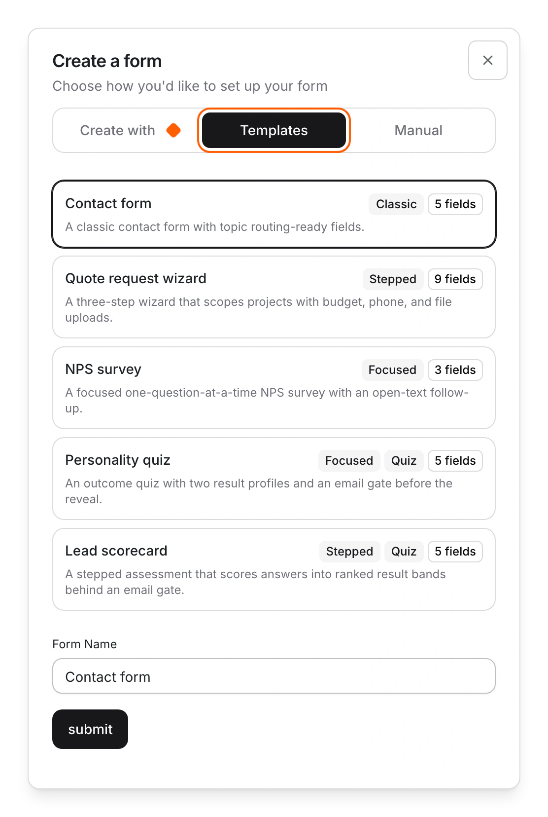 Create a form on the Templates tab, with Contact form picked from five templates and its name filled in below.
