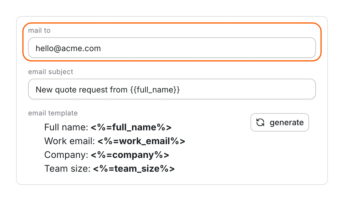 Mail To with an address filled in, an Email Subject with a placeholder, and an Email Template written by generate.