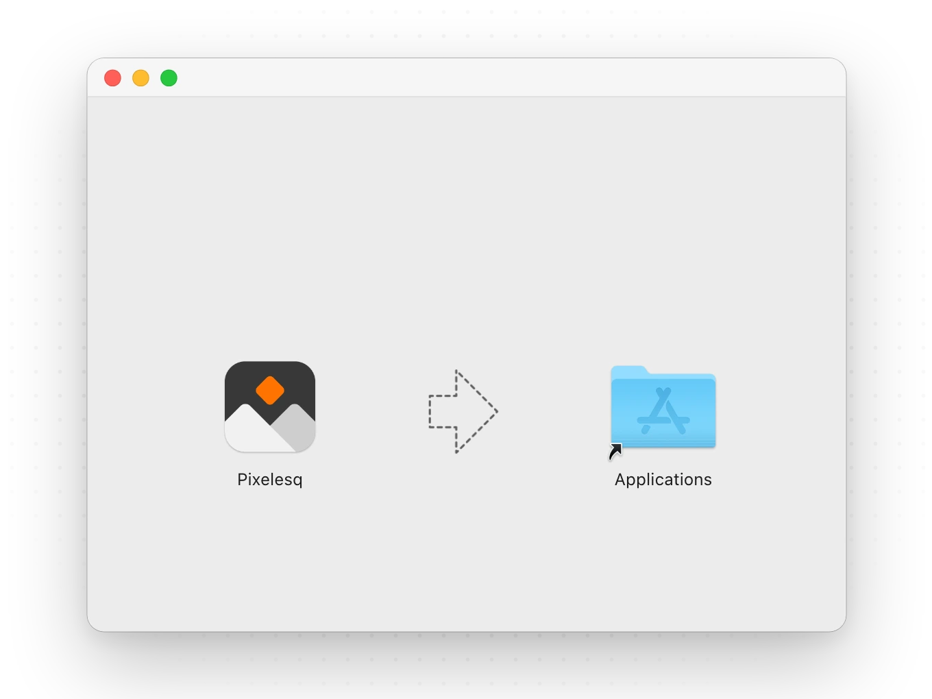 The Pixelesq disk image window: the Pixelesq app icon, an arrow, and the Applications folder.