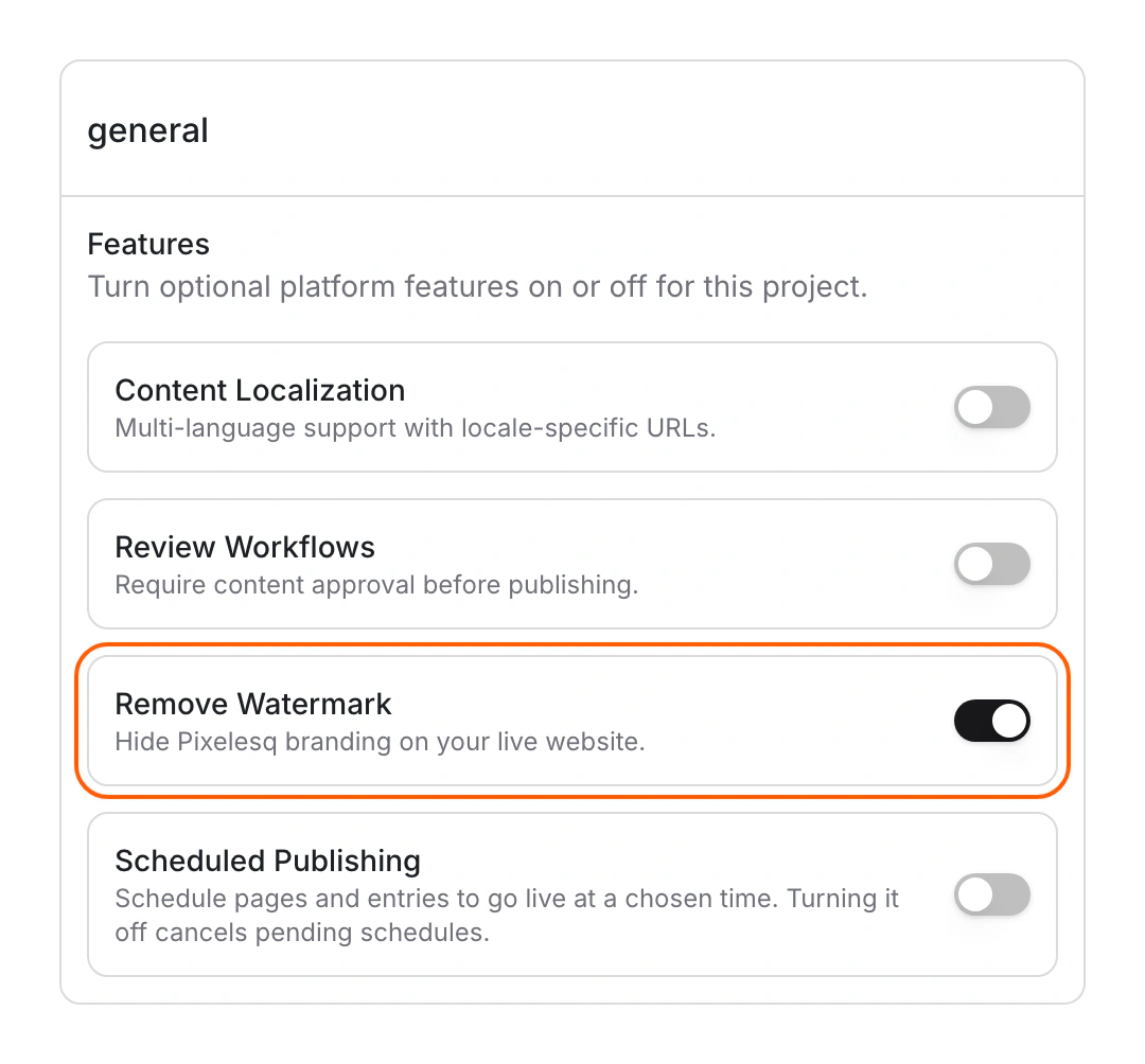 The Features list in General settings with Remove Watermark turned on.