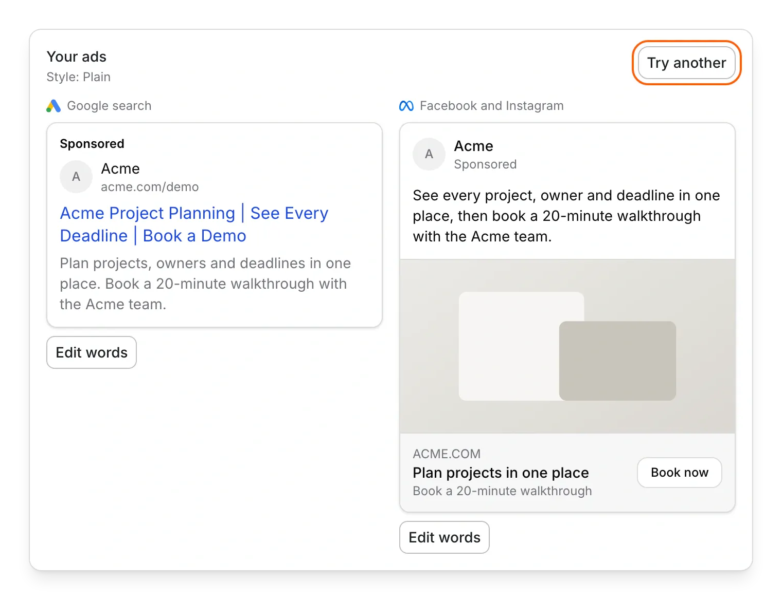 Your ads in Pixel's plan: a Google search ad and a Facebook and Instagram ad, each with Edit words, and Try another at the top