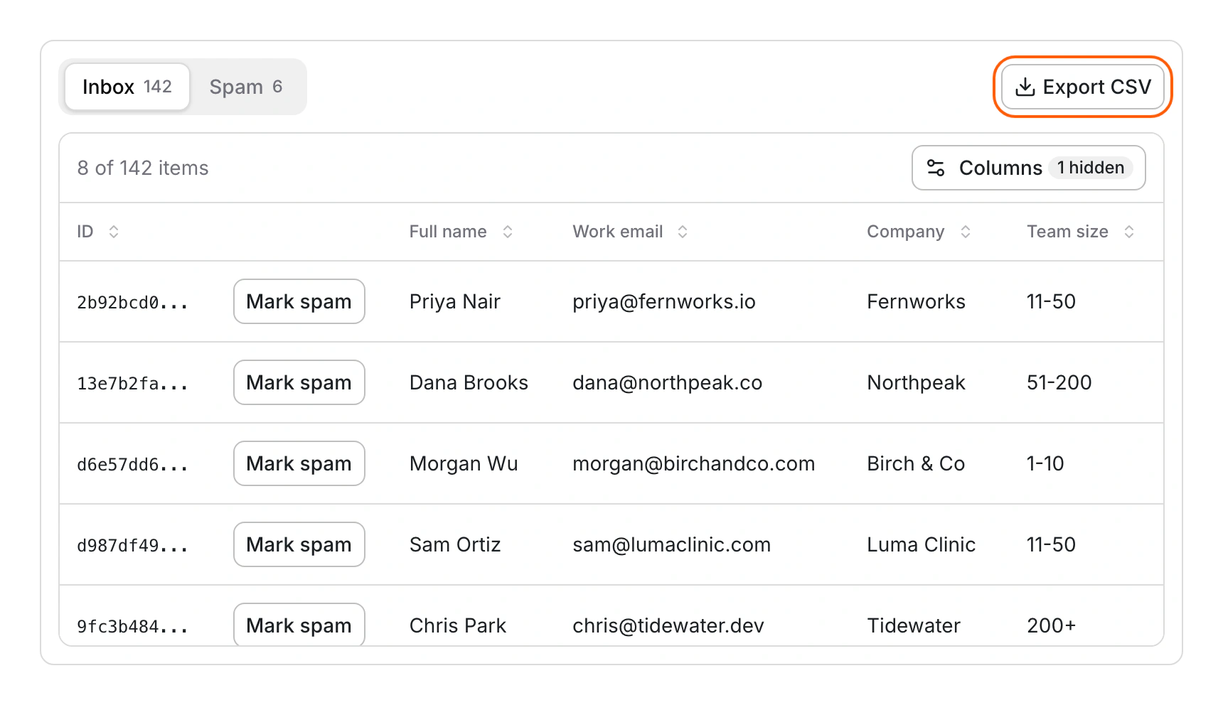 Form submissions on the Inbox tab, with a column for each answer, a Mark spam button on each row and Export CSV at the top.
