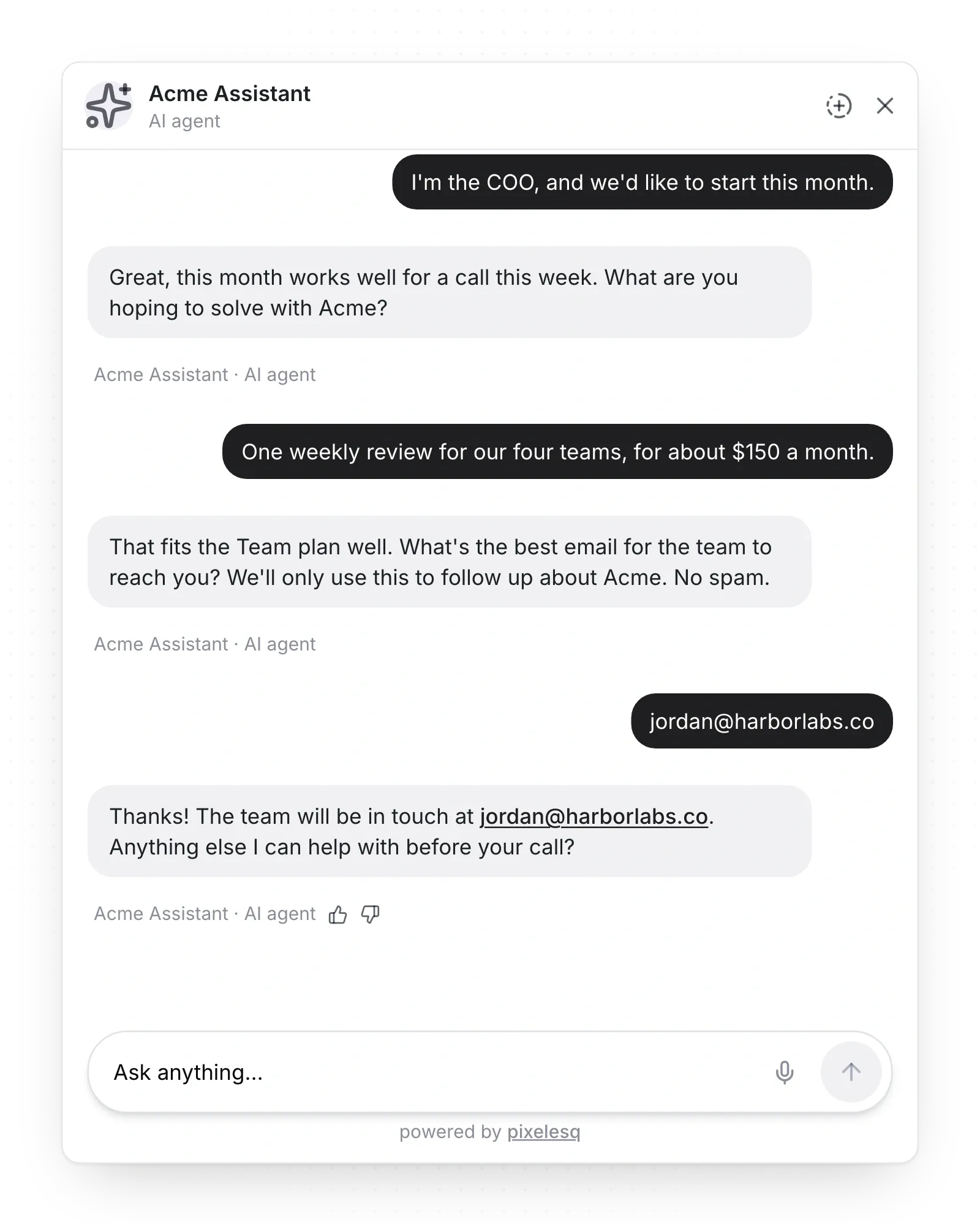 A chat where the assistant answers, asks one question at a time, then asks for an email with the trust line.