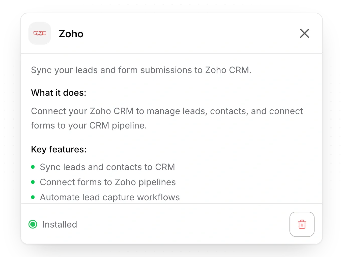 The Zoho card in Integrations, installed, for syncing leads and form submissions to Zoho CRM.