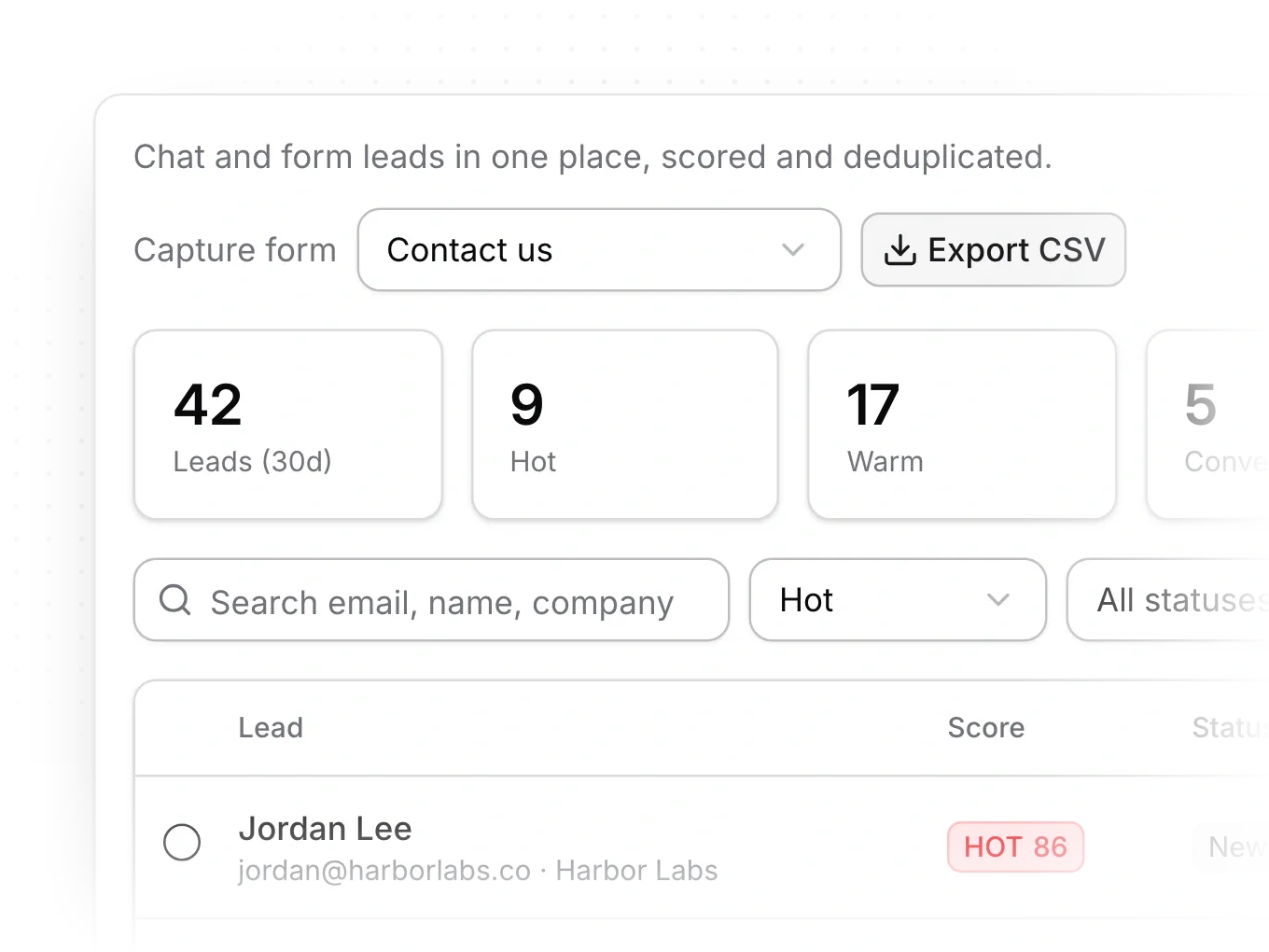 The Leads inbox with totals for leads, hot and warm, a search box, and band and status filters.