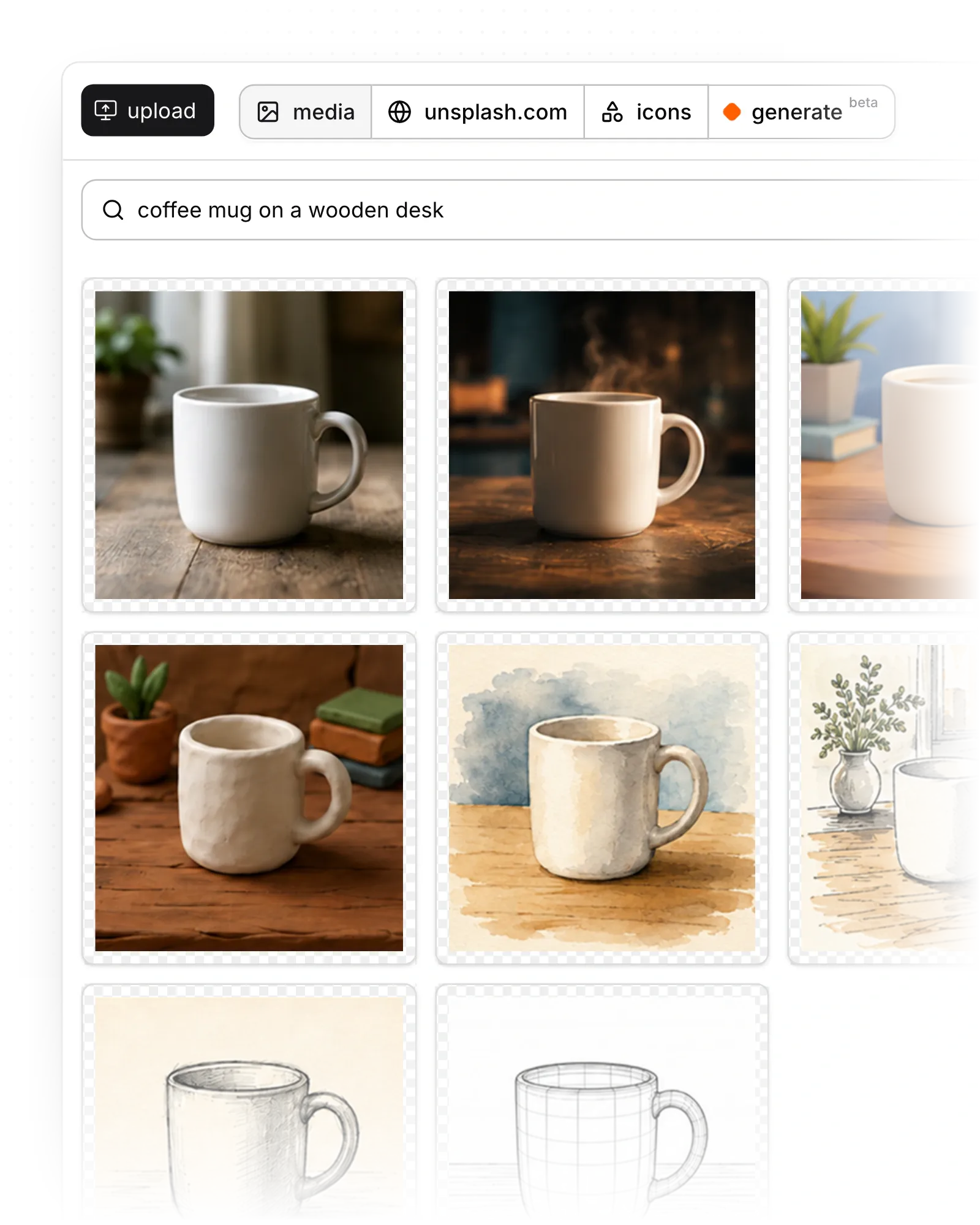 The image picker on the media tab, with the upload, unsplash.com, icons and generate tabs above a grid of images.