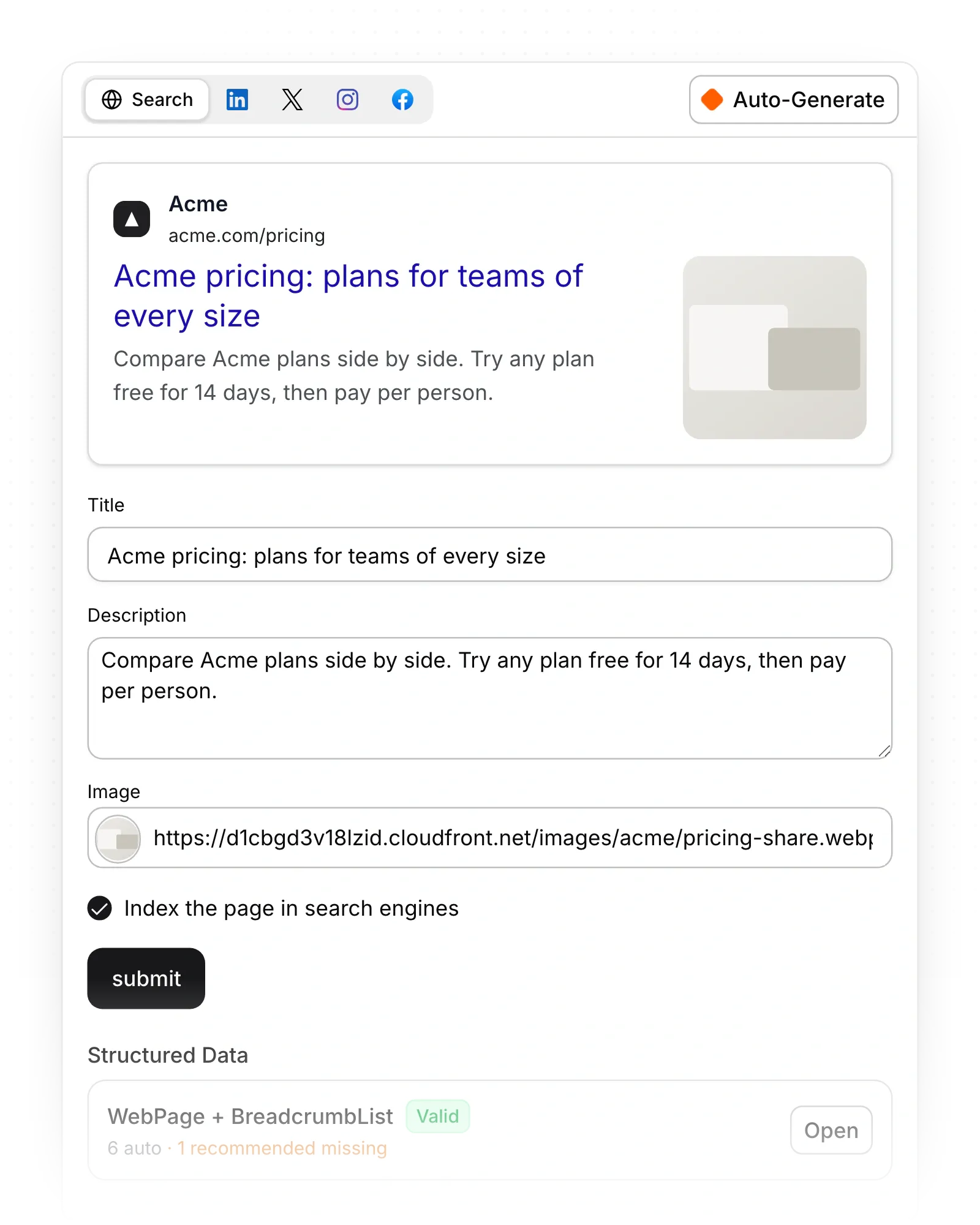 A page's SEO view on the Search tab, with Title, Description and Image filled in above the submit button.