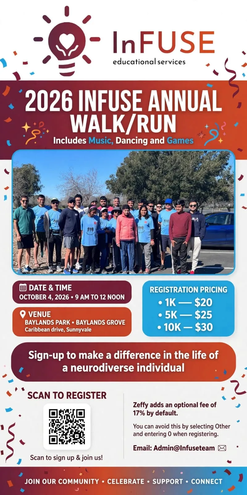 2026 InFuse Annual Walk/Run flyer: Sunday, October 4, 2026, 9 AM to 12 noon at Baylands Park, Baylands Grove, Sunnyvale. 1K $20, 5K $25, 10K $30.